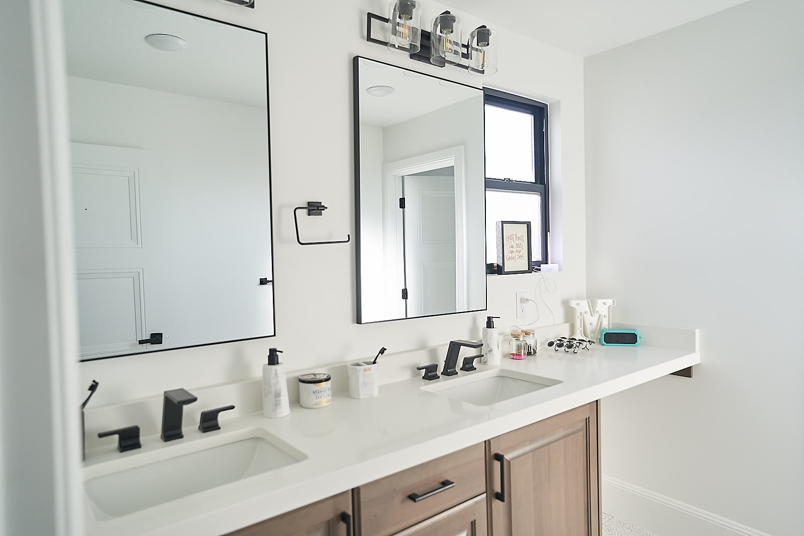 South Jordan project: Close-up of bathroom double vanity with modern fixtures and mirrors (Photo 20/29)